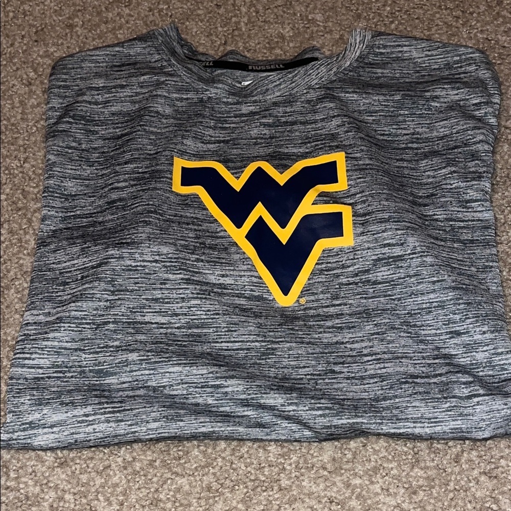 West Virginia Russell Athletic Heather Gray Tee with Yellow and Navy Logo